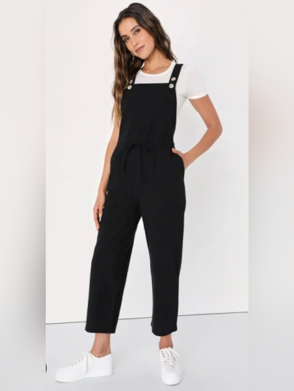 Rhythm Verona, Lulus Black Wideleg  Linen/ Cotton Jumpsuit Drawstring Waist M/L
